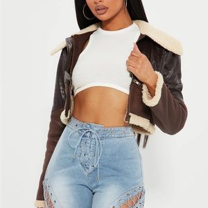 Brown crop jacket with fur lined collar and bottom of sleeves